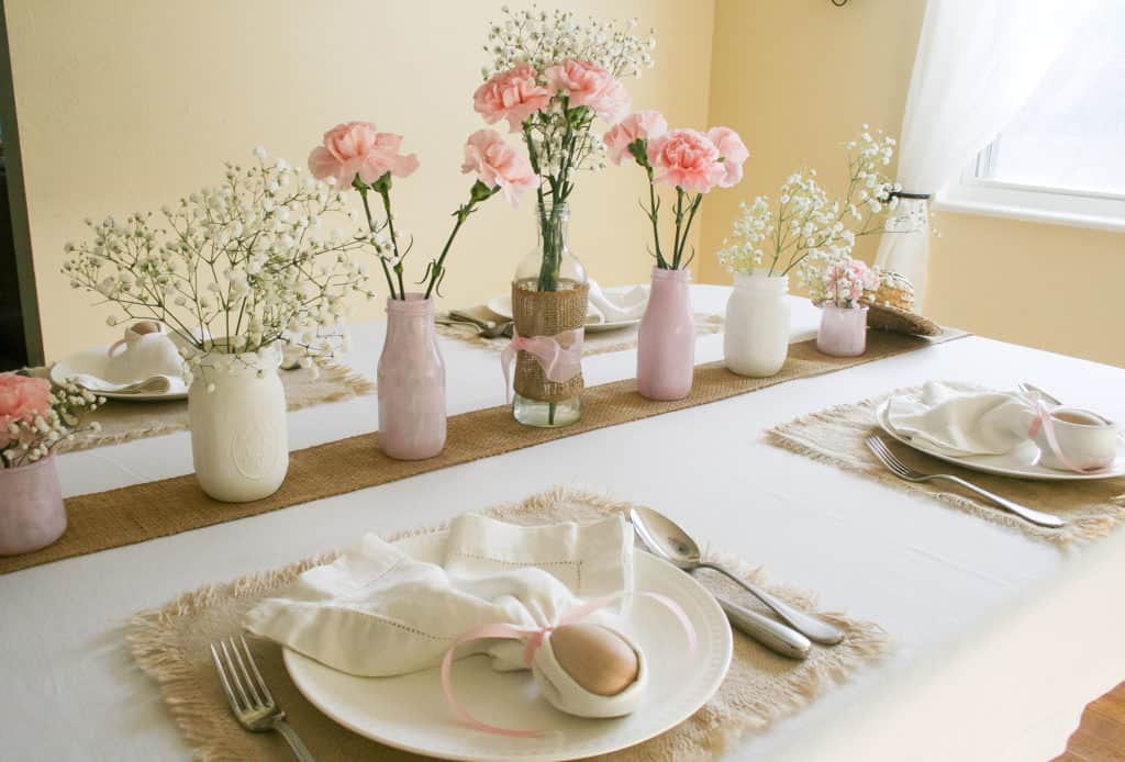 Other side view of Easter tablescape with DIY vases