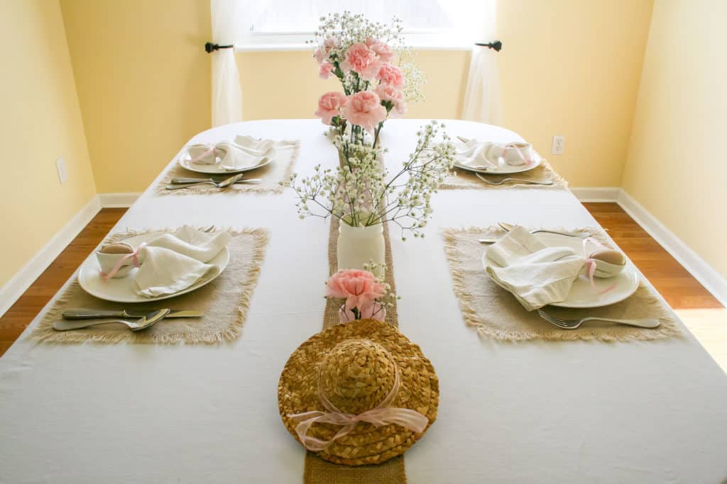 Easter brunch tablescape with burlap placemats