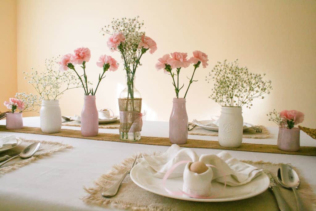 Pink white and burlap DIY vases on Easter tablescape