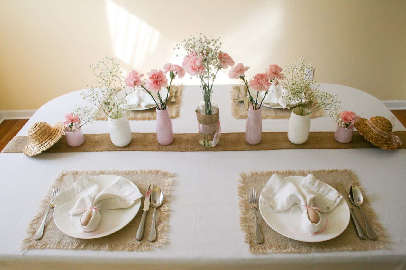 Easter Table setting - white pink and tan