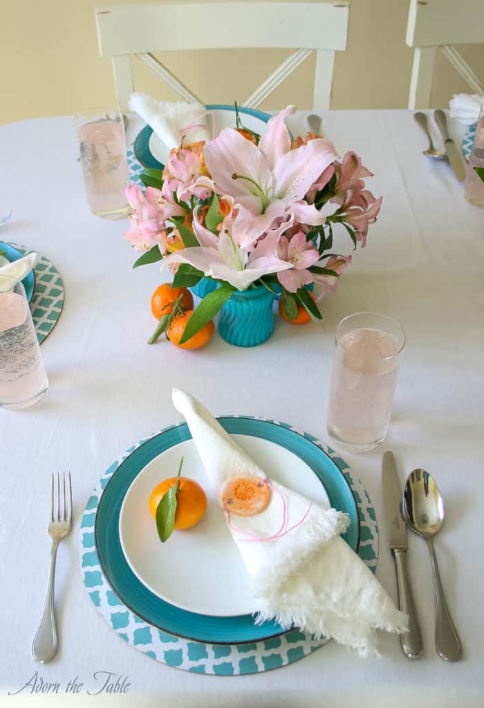 Centerpieces three ways - table setting of place setting and teal diy vases