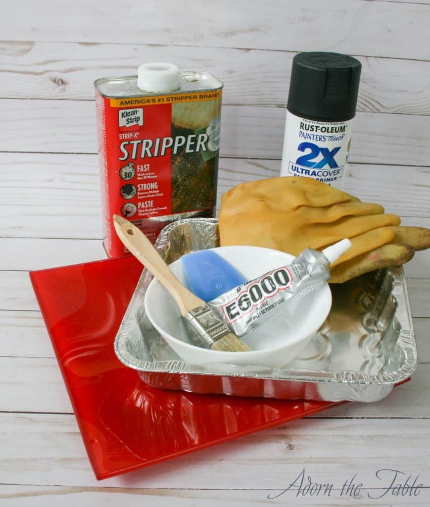 Graduation-Cap-Cake-Stand-Supplies-paint striper-red plate-white bowl-spray paint glue gloves
