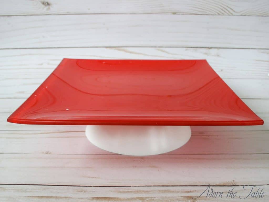 Graduation-Cap-Cake-Stand-red-plate-white-bowl overhead view