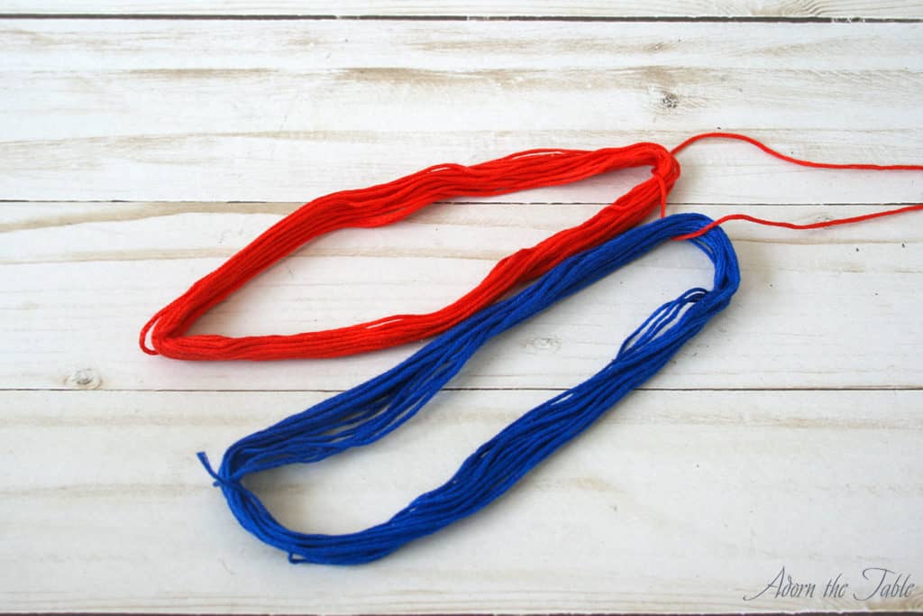 Graduation-Tassel-red and blue embroidery floss tied together