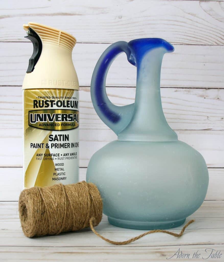 Safari vase supplies. Cream spray paint, thrift store vase and jute twine.
