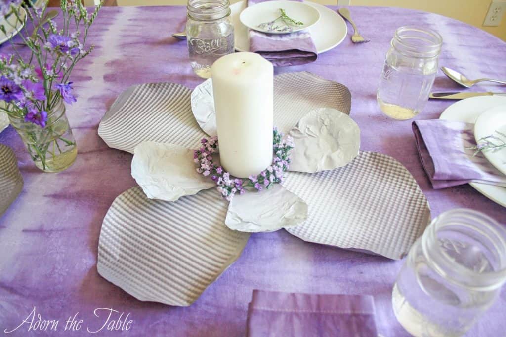 DIY metal cookie sheet flower. Lilac and white