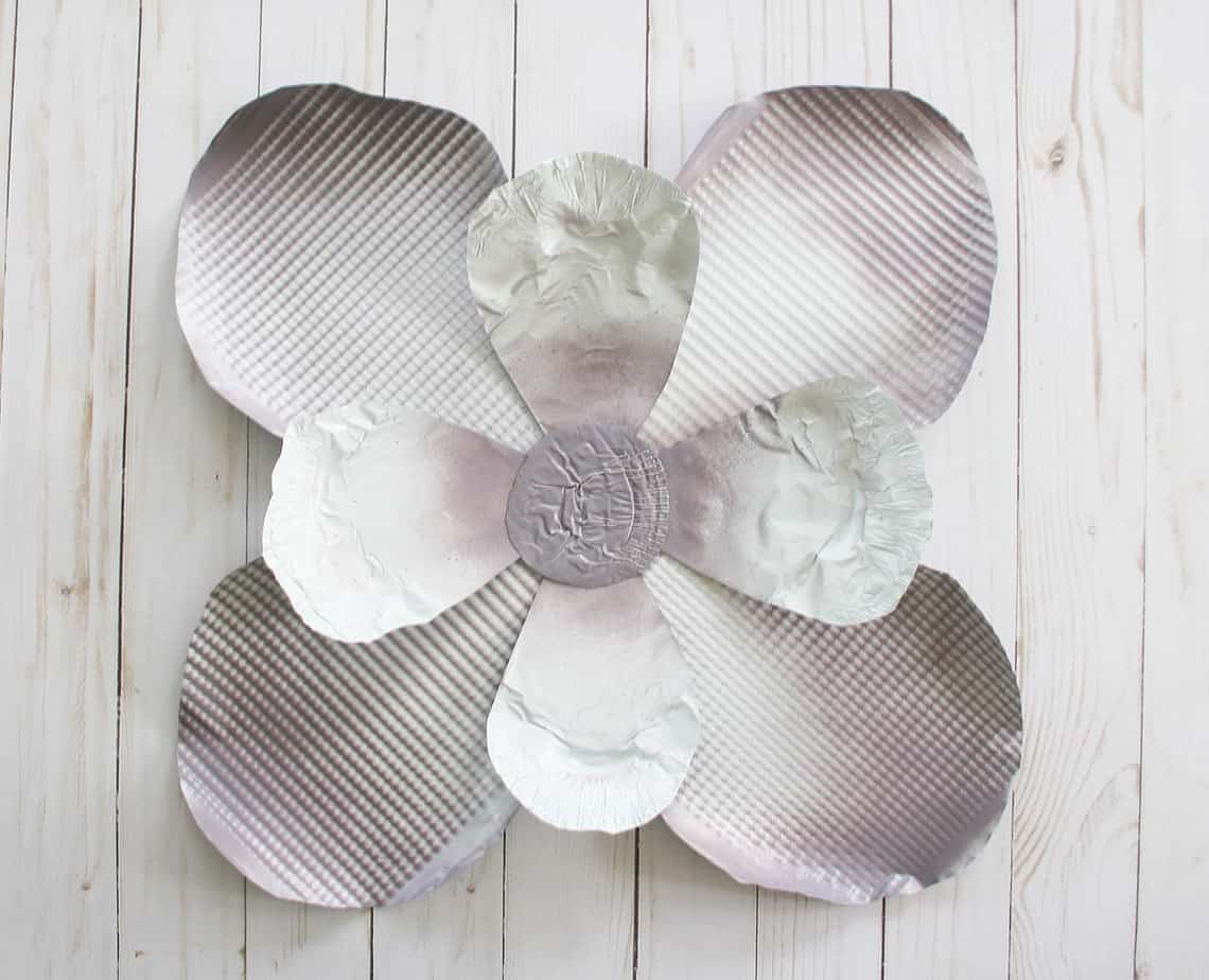 Completed cookie sheet flower centerpiece in lilac and white