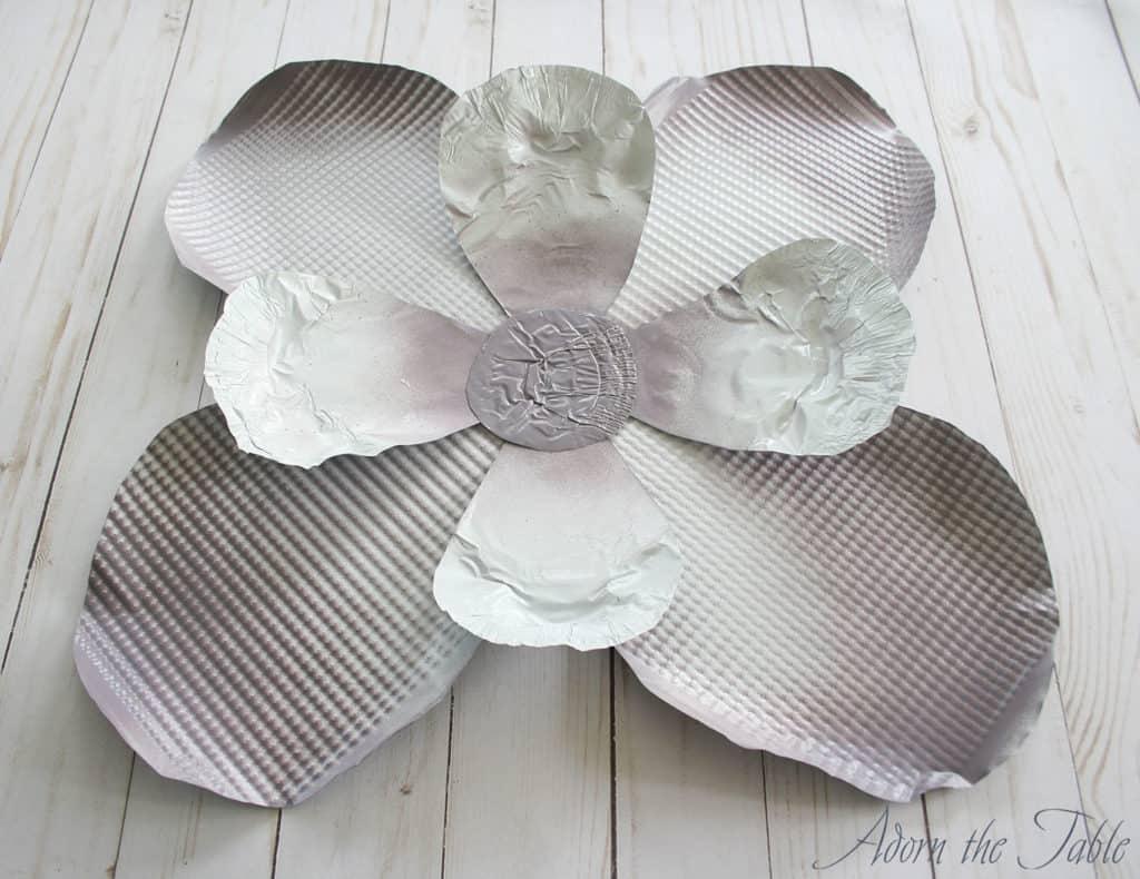 Finished diy cookie sheet metal flower in lilac and white