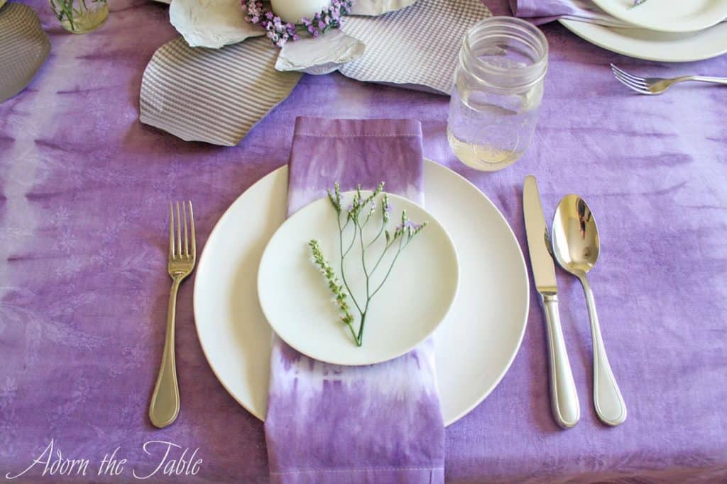 Lilac and white place setting for boho tablescape