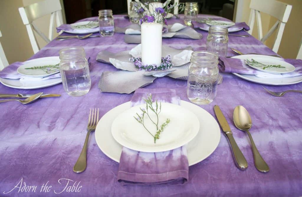 View from the head of the table of the lilac boho tablescape