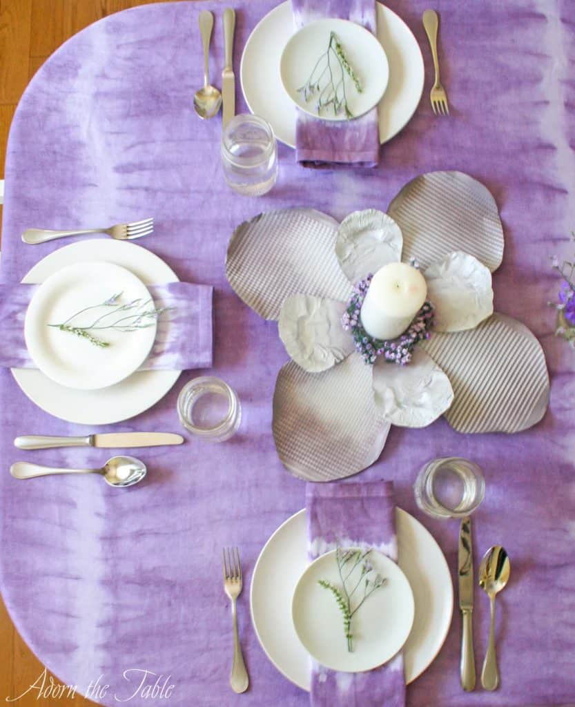 Overhead view of left side of boho tablescape