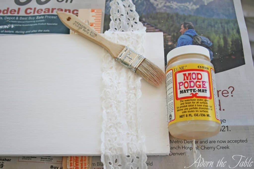 Prep to mod podge lace to simple diy serving tray