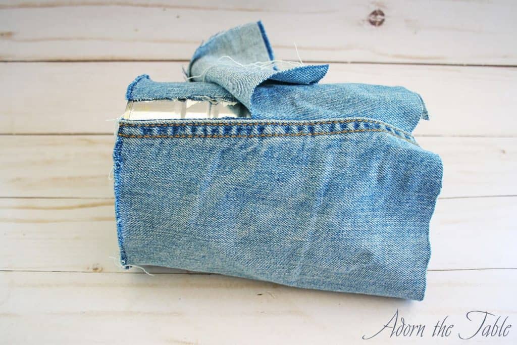 Trim denim for upcycled coffee can vase