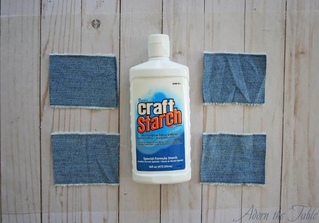 Cut denim fabric with bottle of starch