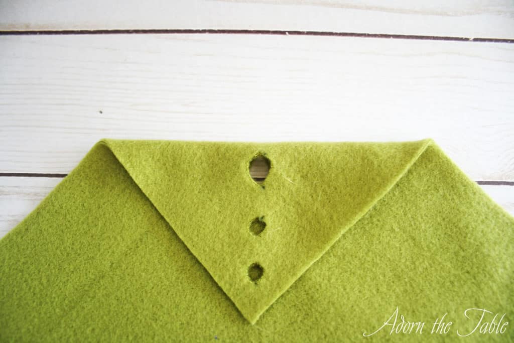 Green fleece diy placemat showing 2nd fold