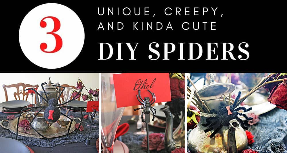 3 Unique DIY Spider Projects showing three different black spiders on a Halloween table.