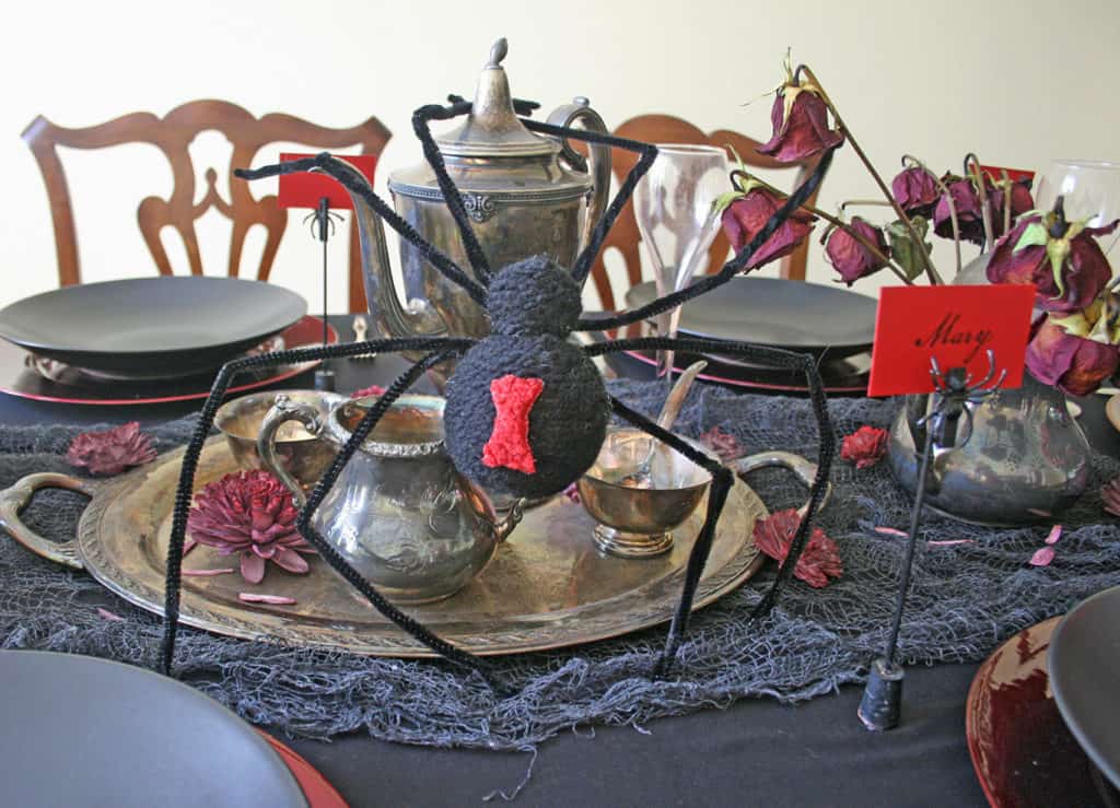Large DIY Fake Spider. Crawling on a Halloween table setting.
