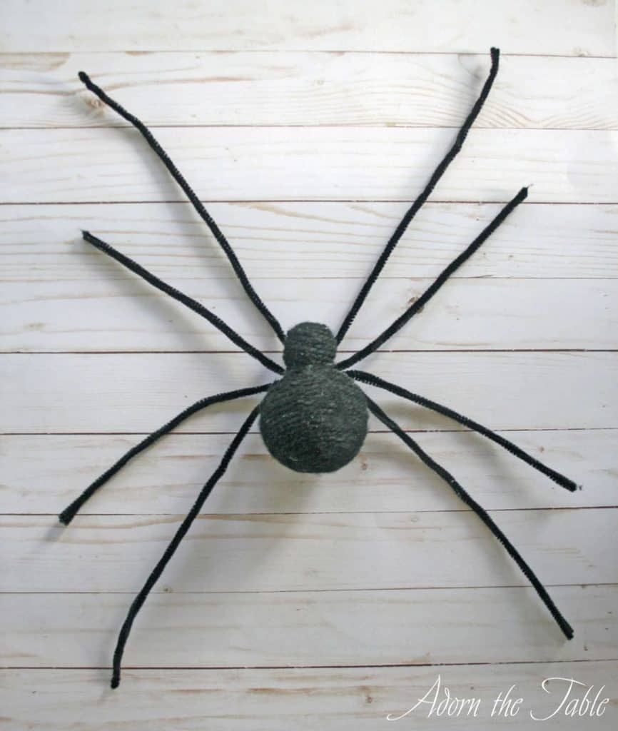 Completed Large DIY Fake Spider before adding red hourglass to make it a Black Widow spider.