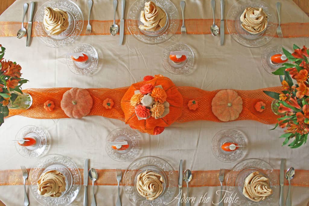Overhead view of pumpkin place setting for autumn