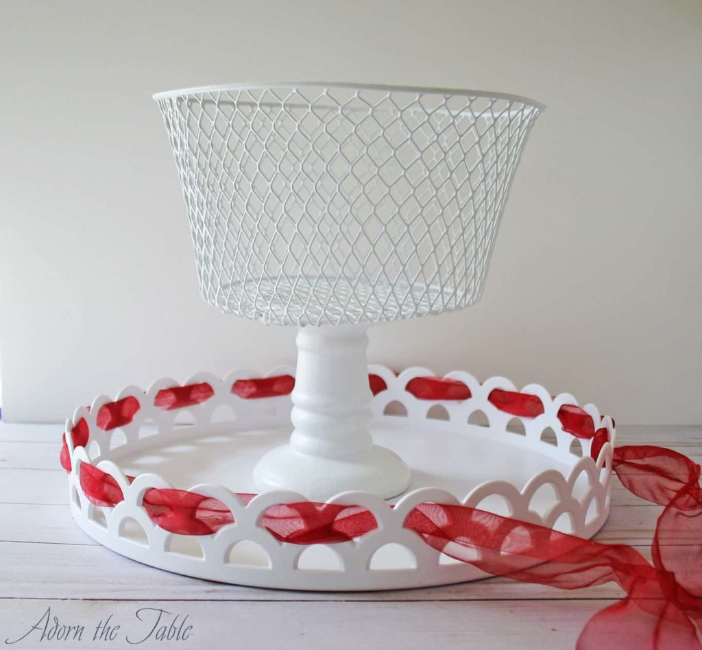 Chic 2-tiered tray with red ribbon added