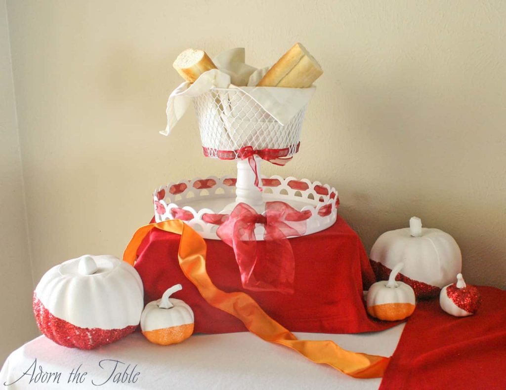 Chic 2-tiered tray on Thanksgiving buffet.