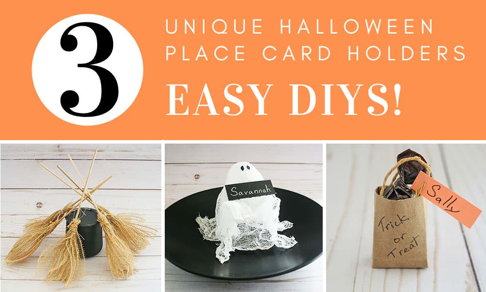 3 Unique Halloween Place Card Holders. Cheesecloth ghost, witch's broom and trick or treat paper bag.
