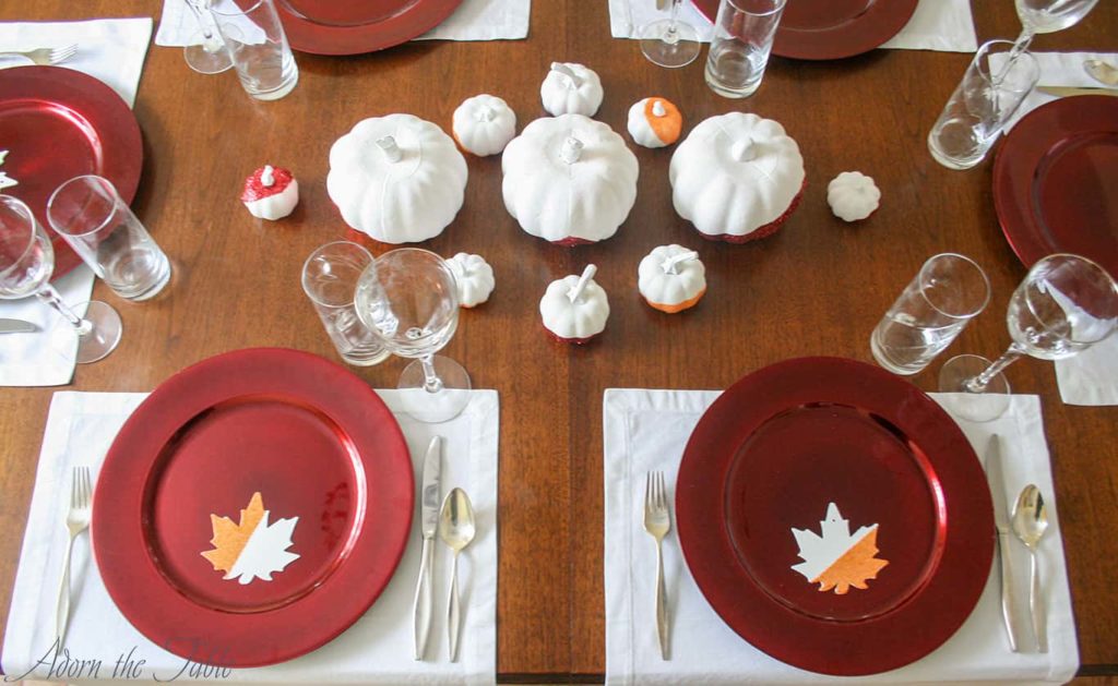 Overhead view of Thanksgiving day place settings. 