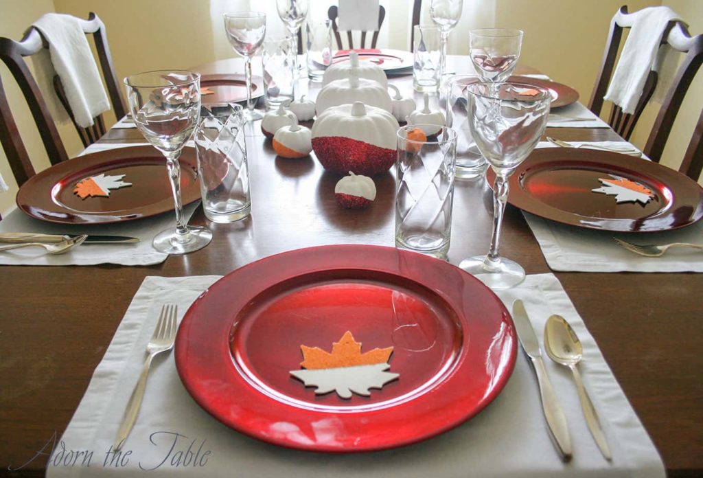View of modern Thanksgiving centerpiece from the head of the table.