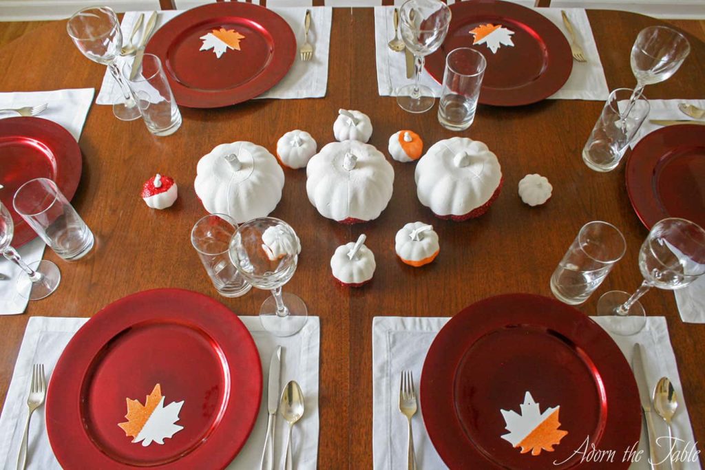 Simple modern Thanksgiving tablescape view from above. 