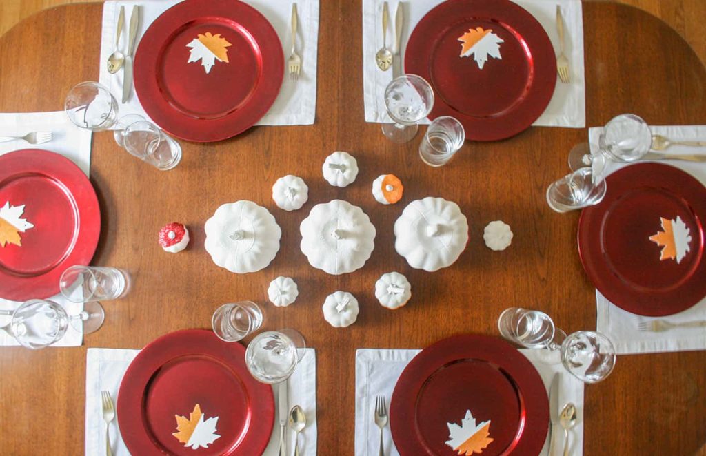 Simple modern Thanksgiving Day tablescape overhead view