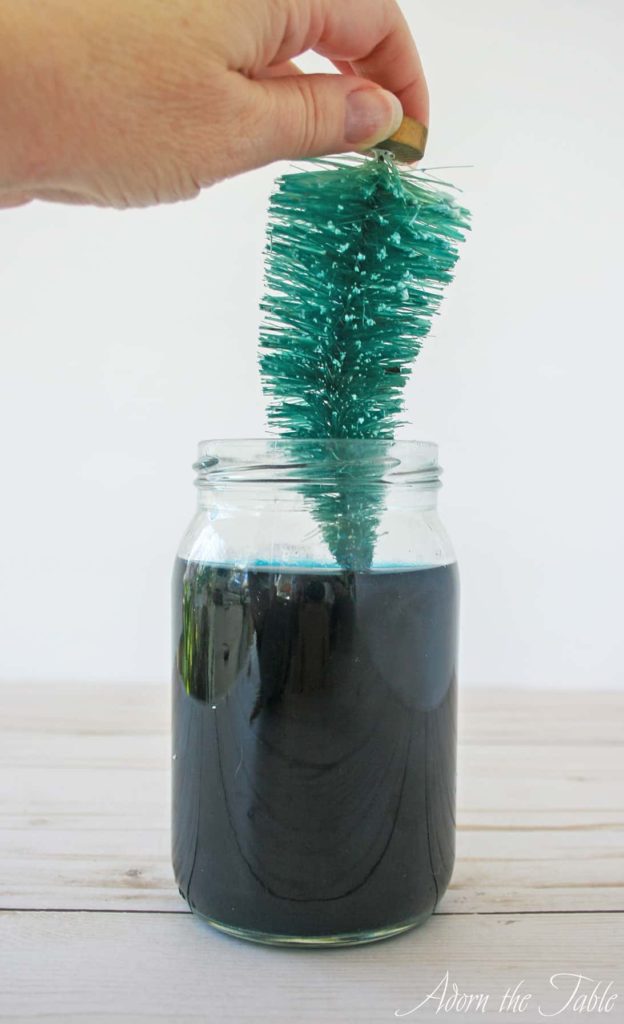 Newly dyed bottle brush tree completely removed from jar with RIT dye in it