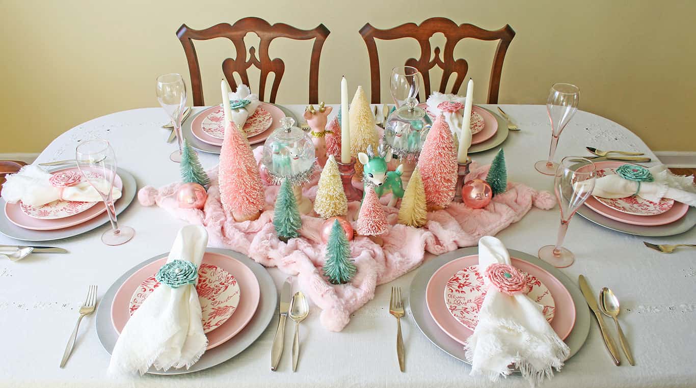 Retro Christmas tablescape in pink and turquoise.