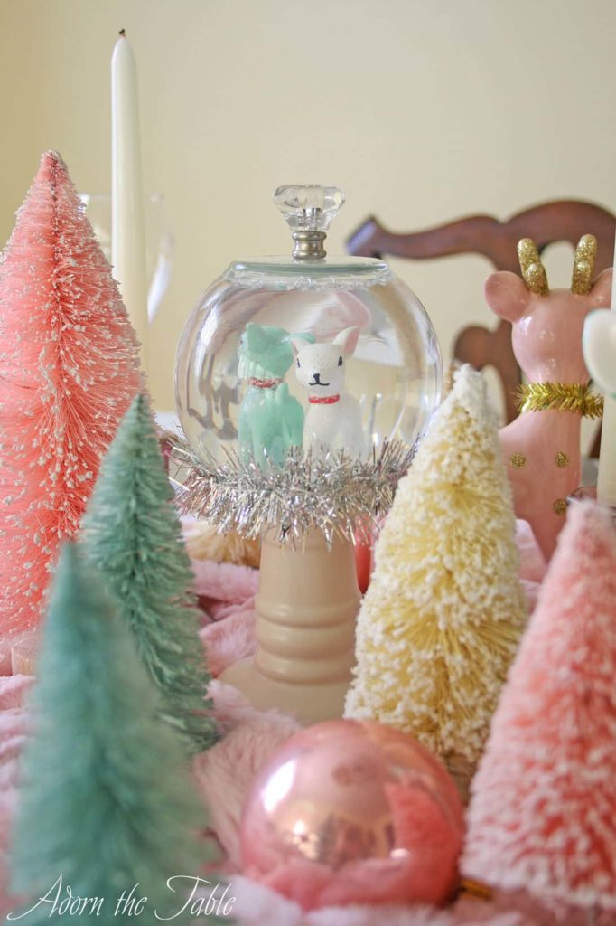 Pink, cream and teal bottle brush trees and snow globe