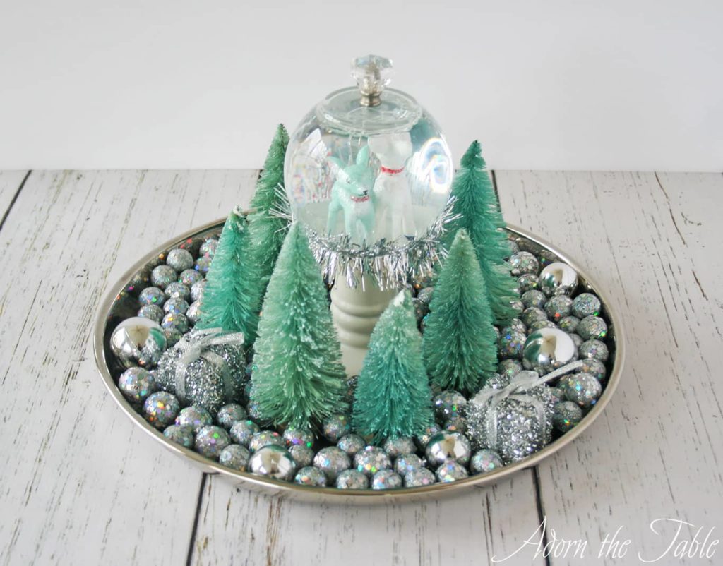 Christmas diy Centerpiece Silver tray with snow globe and filler items