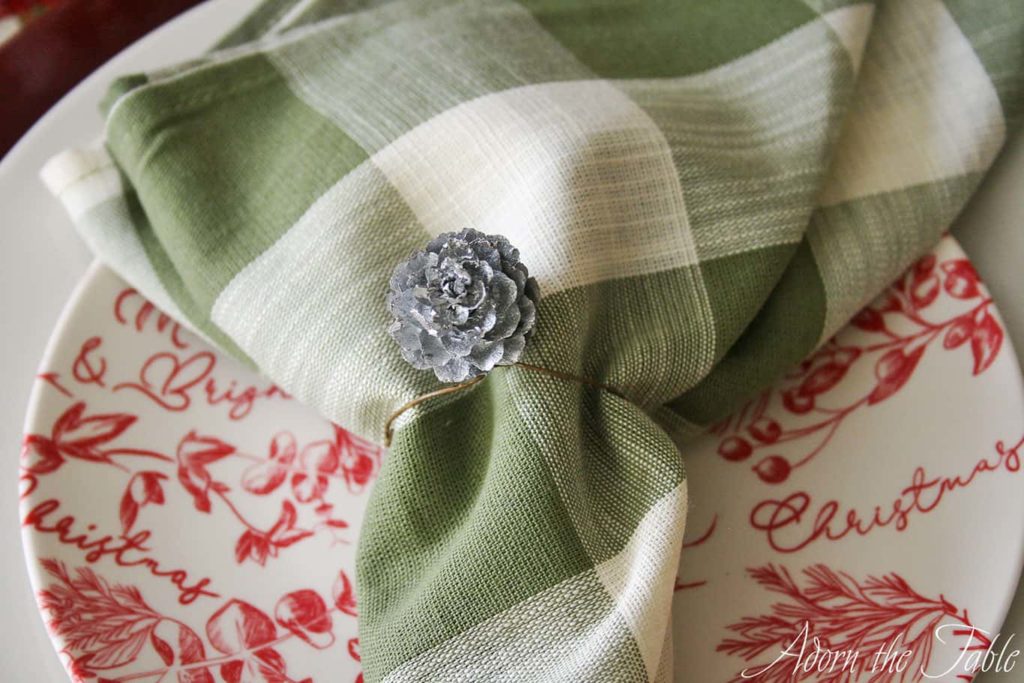Close up of pinecone napkin ring