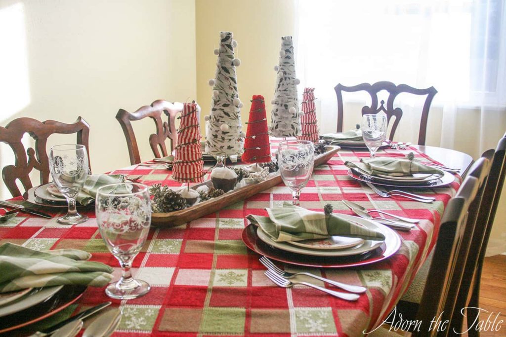 Side view of rustic farmhouse Christmas tablescape