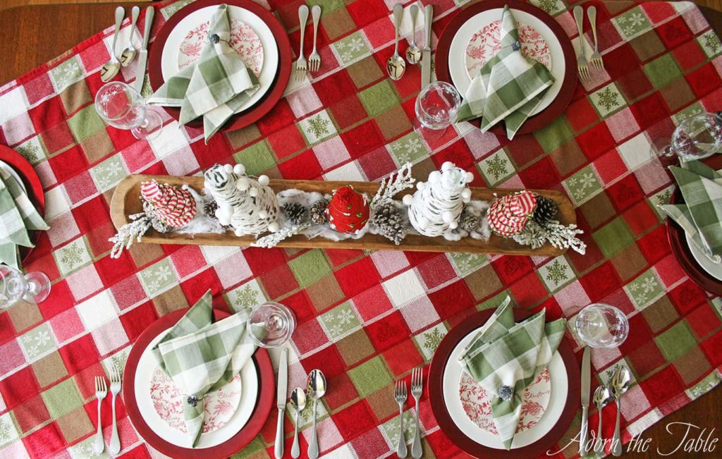 Overhead view of rustic farmhouse Christmas table