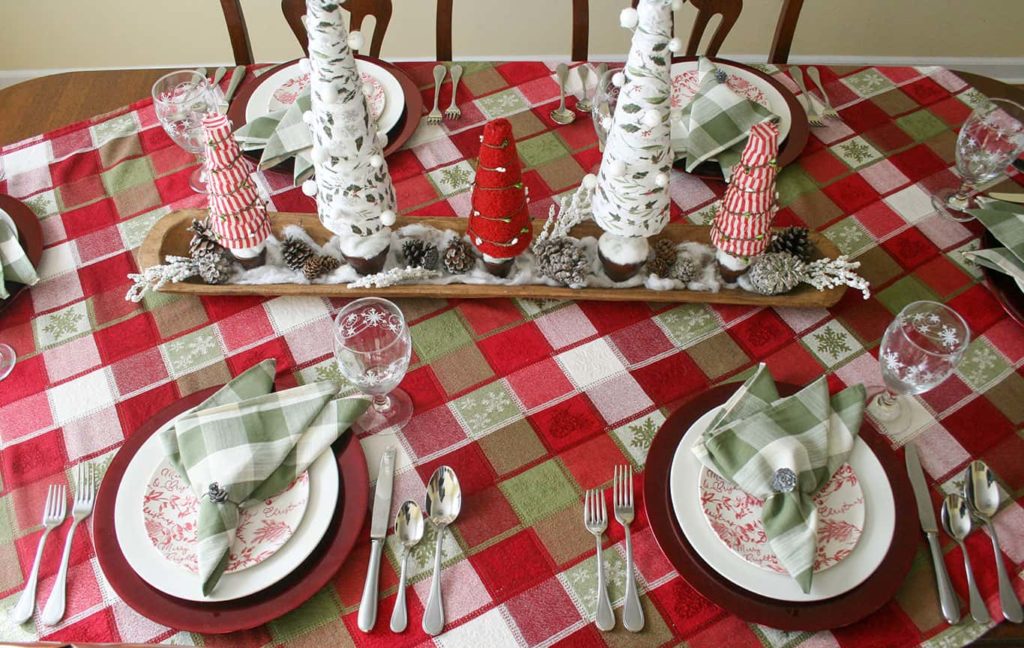 Rustic farmhouse Christmas tablescape from above side angle.