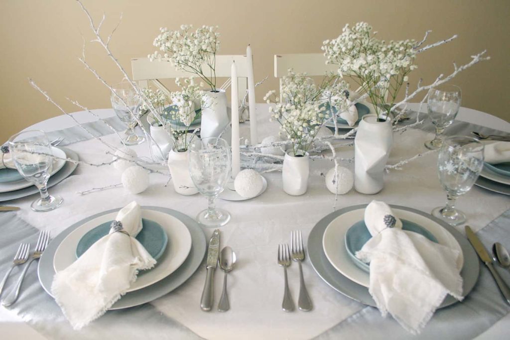 Side view of place settings and centerpiece