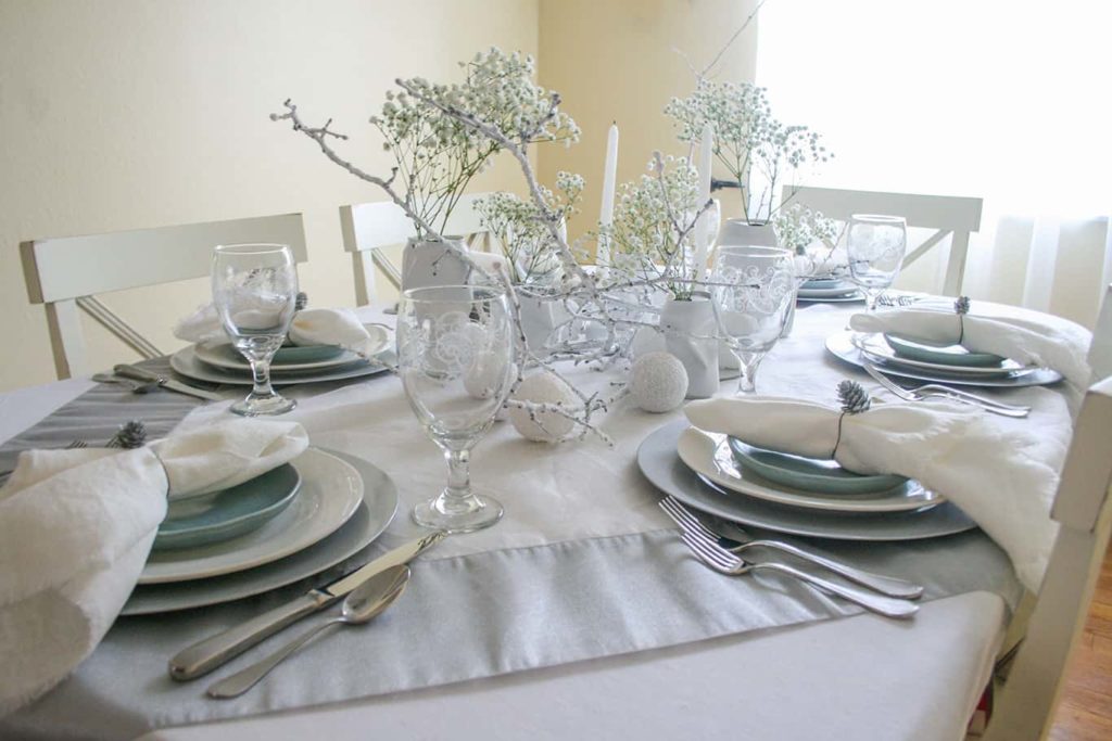Side angle view of winter wonderland tablescape