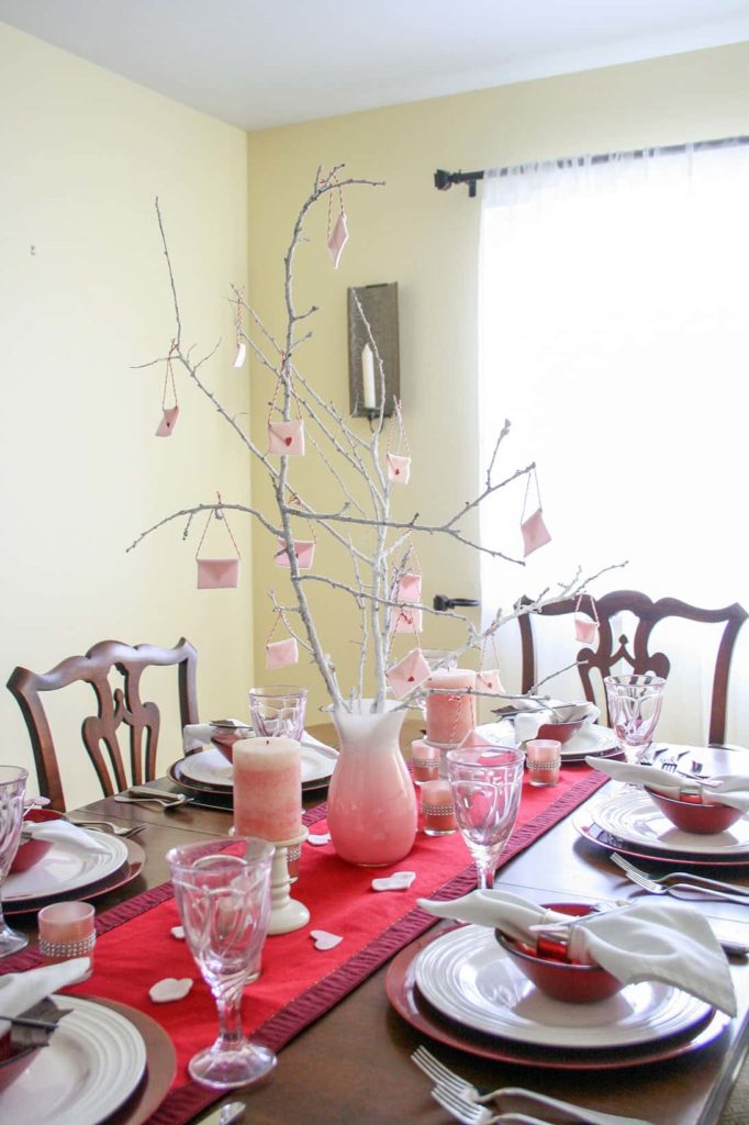 Side view of simple galentine's day centerpiece