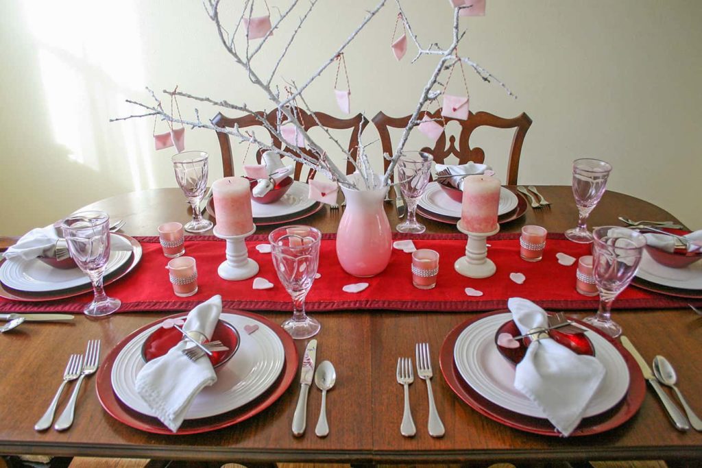 Side view of simple Galentine's Day tablescape.