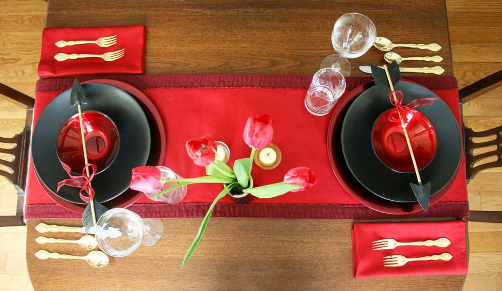 Overhead view of romantic table setting for valentine's day