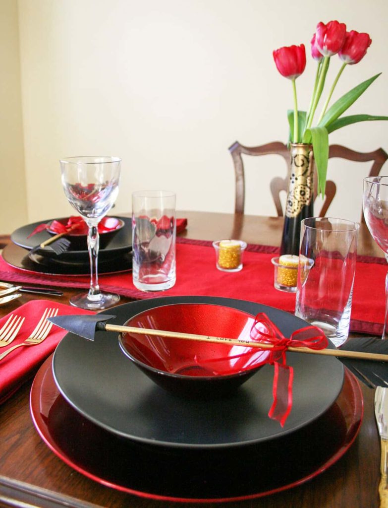 Romantic table setting for two at an angle