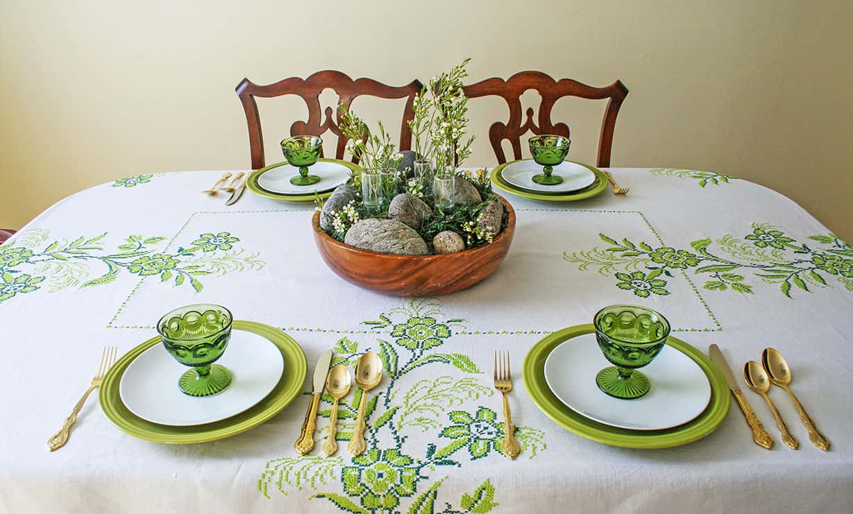 Silverware added to simple St. Patrick's Day tablescape