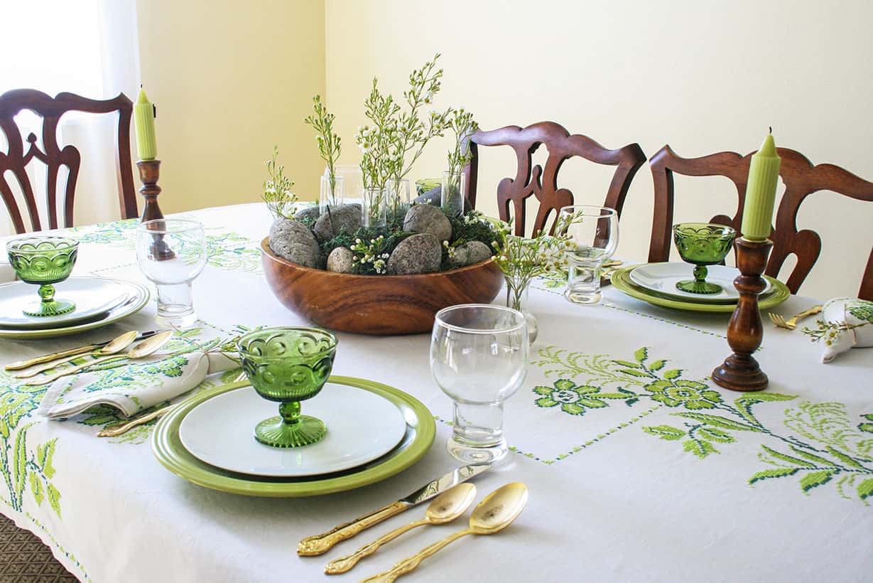 Angled view of simple St. Patrick's Day tablescape