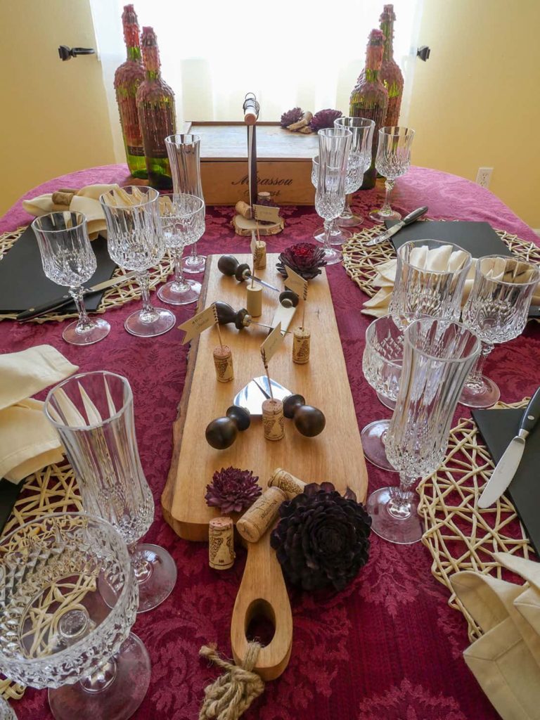 Wine and cheese party tablescape view down the table