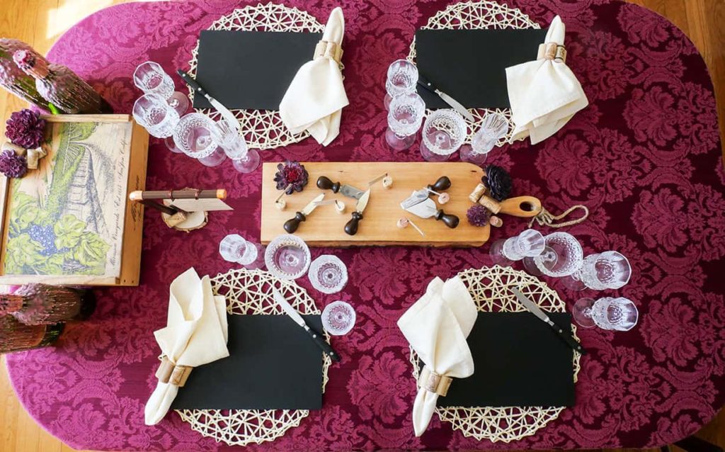 Wine and cheese tablescape from above