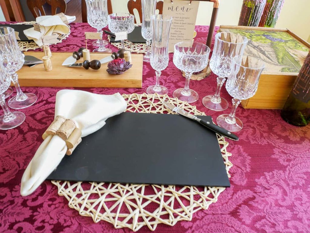 Wine and cheese tablescape place setting