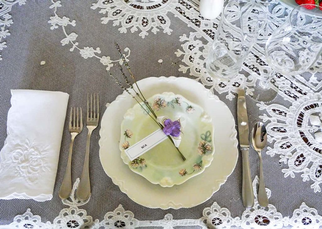 Place setting on a beautiful Mother's Day tablescape